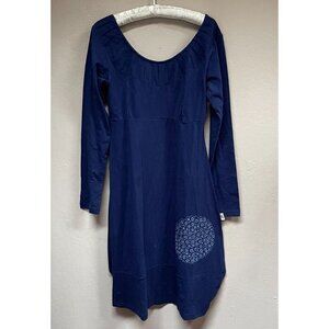 Adria Mode Deep Scoop Neck Long Sleeve Organic Poppy Dress Medium Blue New